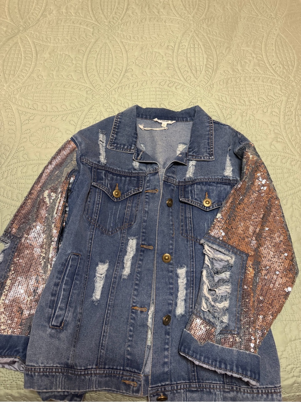 Denim Jacket with Silver Sequin Sleeves - Women's Jean Coat
